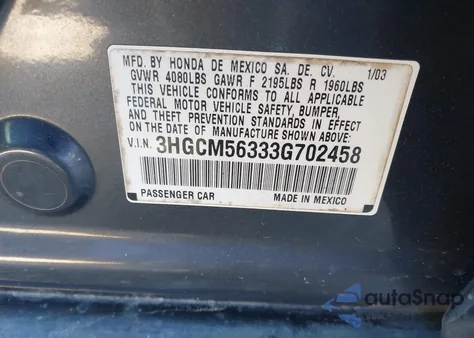 2003 Honda Accord 2.4 Lx из США, поврежденный, VIN 3HGCM56333G702458